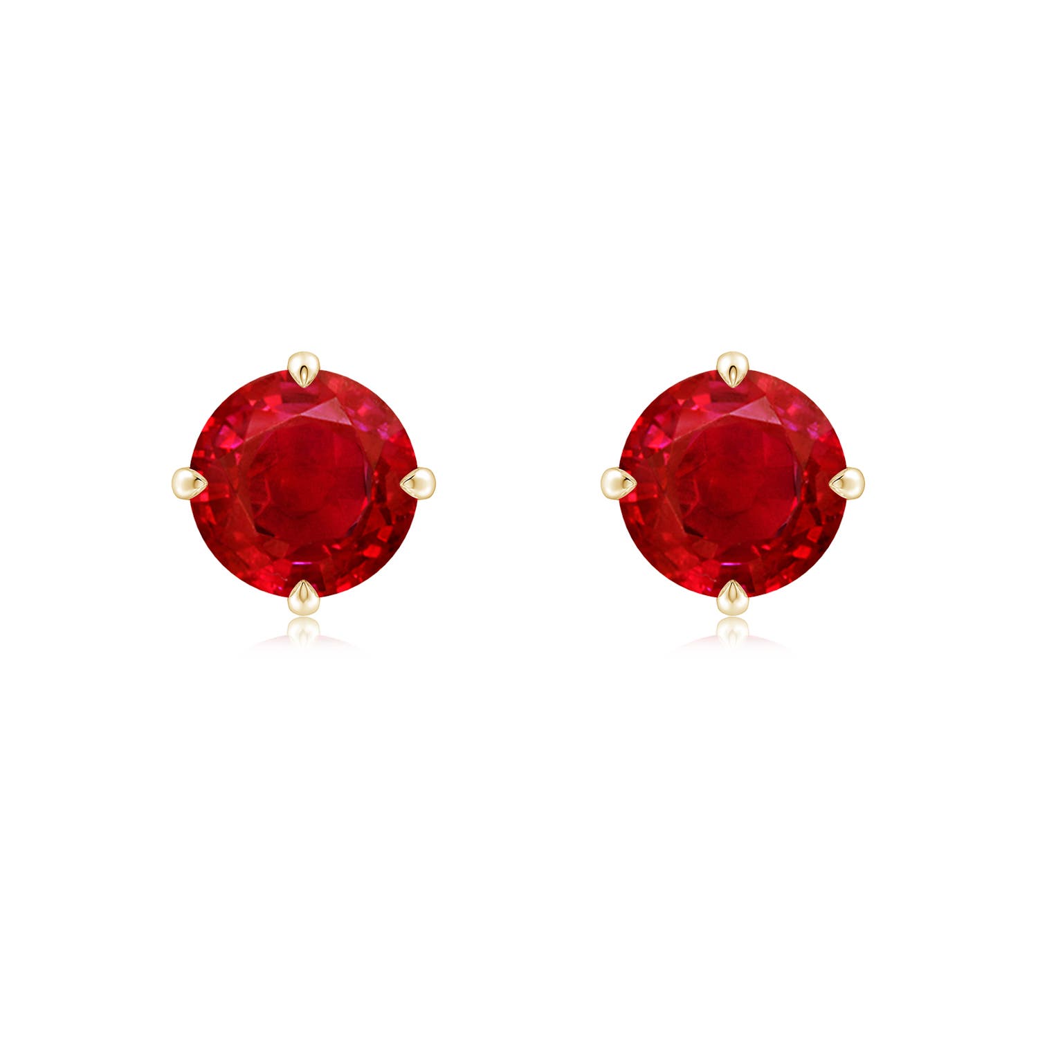 7mm AAA Claw-Set Round Ruby Solitaire Stud Earrings in Yellow Gold