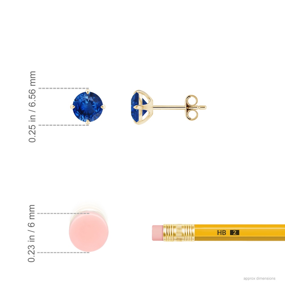 5mm AAA Claw-Set Round Blue Sapphire Solitaire Stud Earrings in Yellow Gold ruler