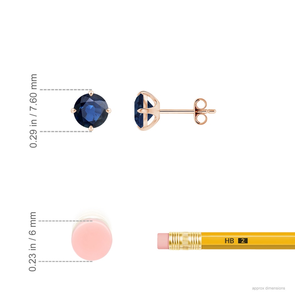 6mm AA Claw-Set Round Blue Sapphire Solitaire Stud Earrings in Rose Gold ruler