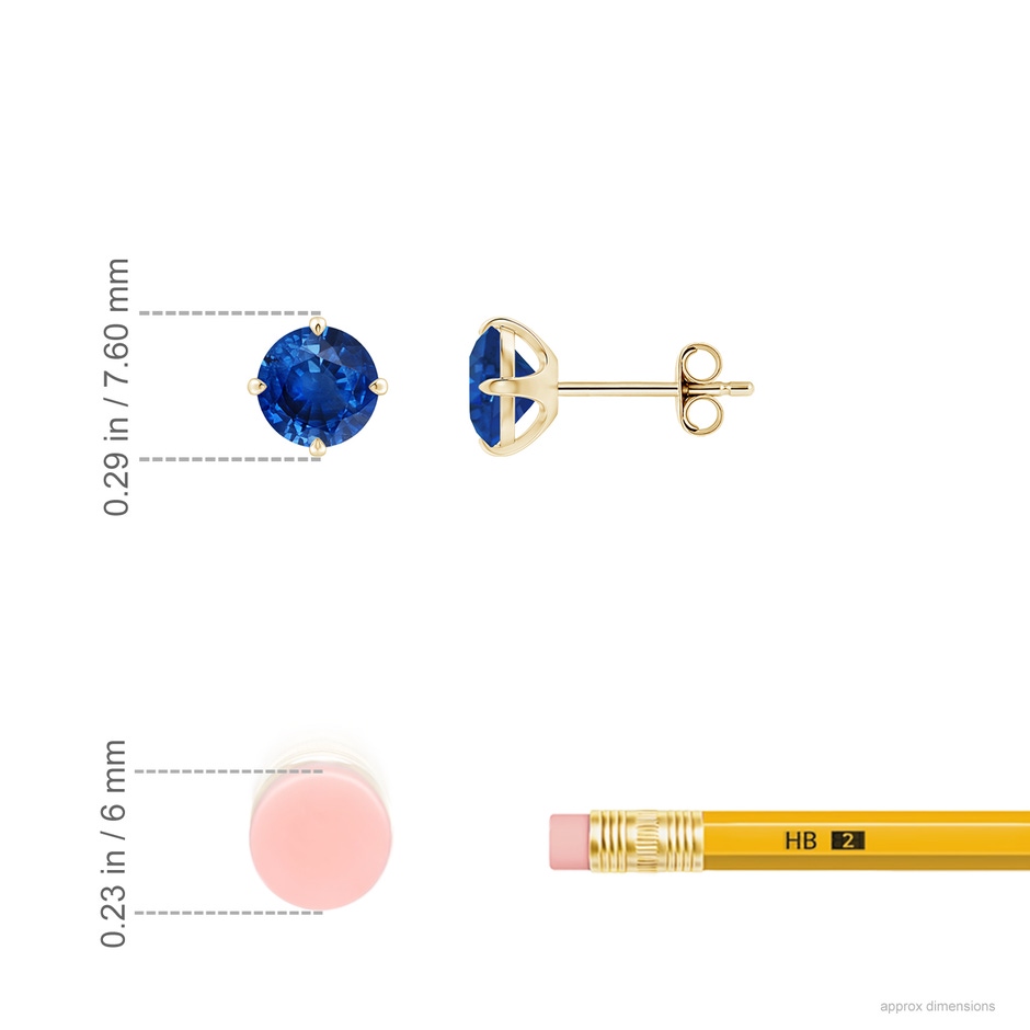 6mm AAA Claw-Set Round Blue Sapphire Solitaire Stud Earrings in Yellow Gold ruler