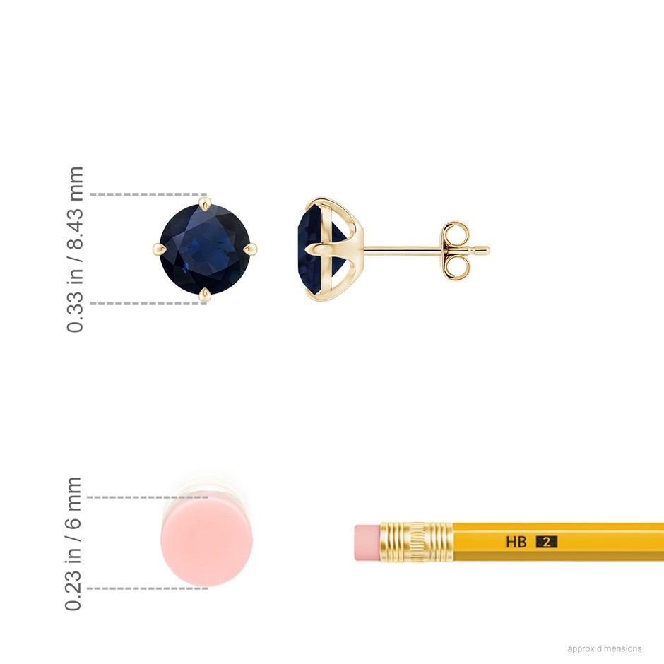 7mm A Claw-Set Round Blue Sapphire Solitaire Stud Earrings in Yellow Gold ruler