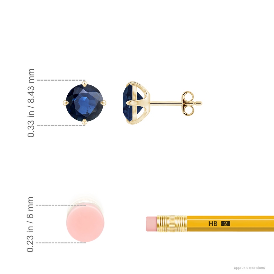7mm AA Claw-Set Round Blue Sapphire Solitaire Stud Earrings in Yellow Gold ruler