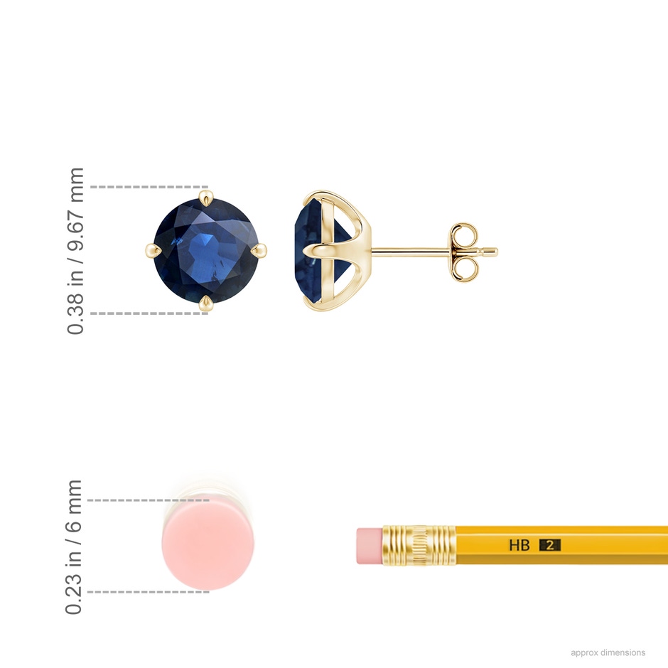 8mm AA Claw-Set Round Blue Sapphire Solitaire Stud Earrings in 18K Yellow Gold ruler
