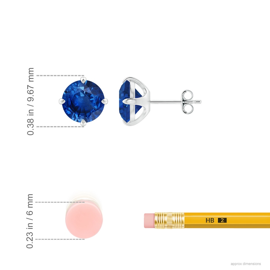 8mm AAA Claw-Set Round Blue Sapphire Solitaire Stud Earrings in P950 Platinum ruler