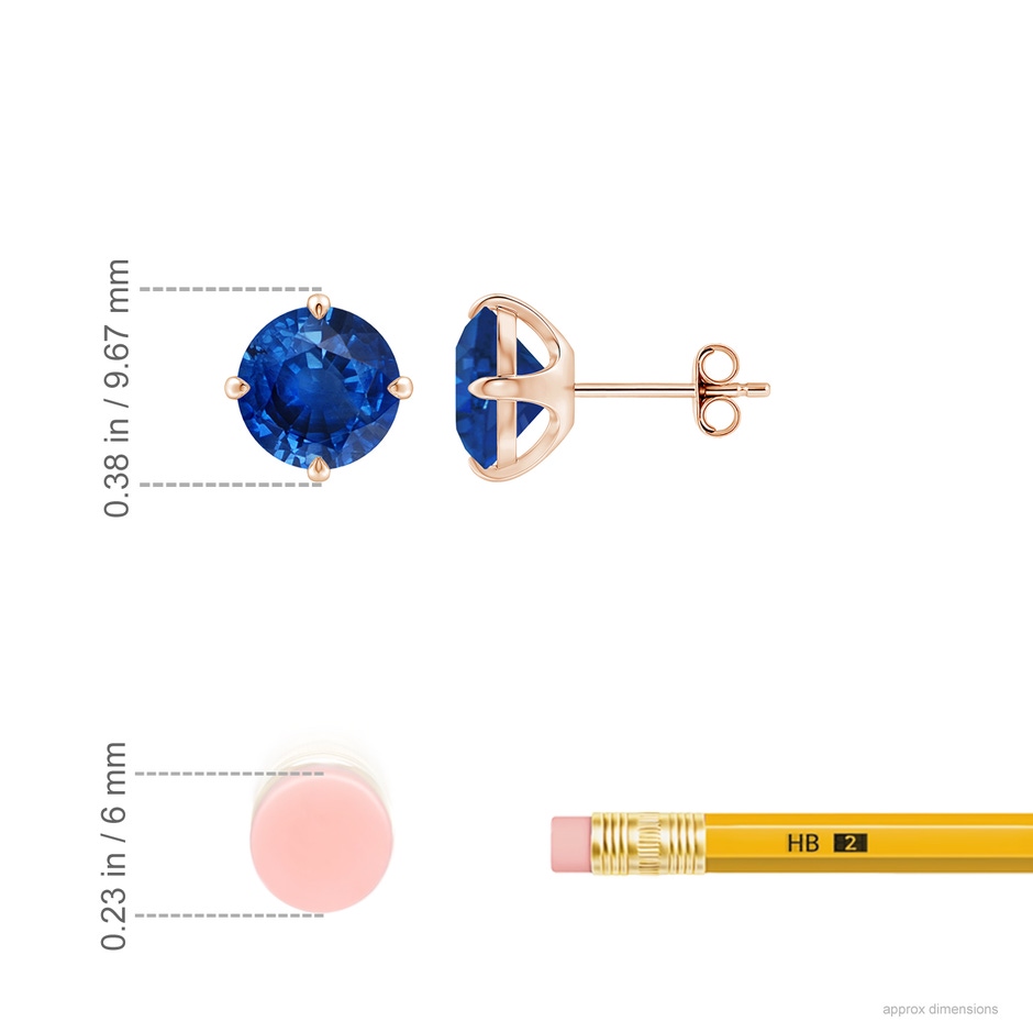 8mm AAA Claw-Set Round Blue Sapphire Solitaire Stud Earrings in Rose Gold ruler