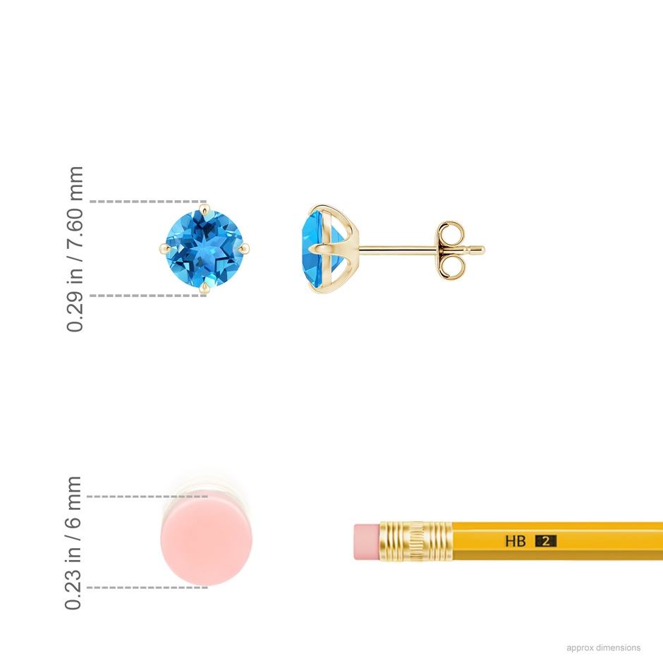 6mm AAA Claw-Set Round Swiss Blue Topaz Solitaire Stud Earrings in Yellow Gold ruler