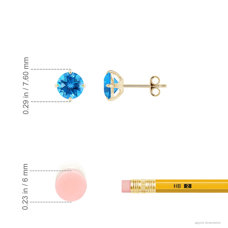 6mm AAAA Claw-Set Round Swiss Blue Topaz Solitaire Stud Earrings in Yellow Gold ruler