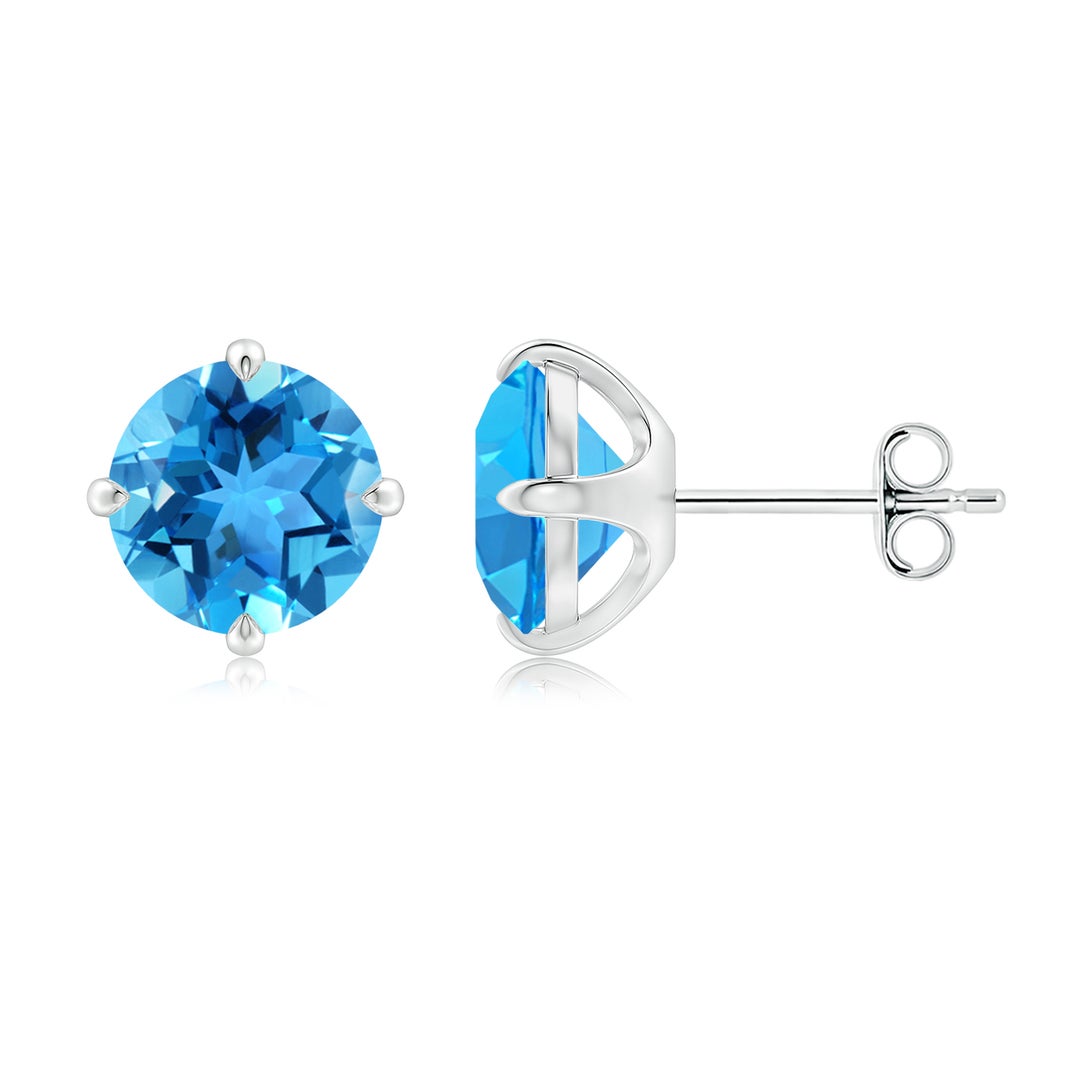 8mm AAA Claw-Set Round Swiss Blue Topaz Solitaire Stud Earrings in White Gold - side 2