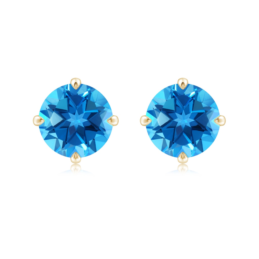9mm AAAA Claw-Set Round Swiss Blue Topaz Solitaire Stud Earrings in 18K Yellow Gold