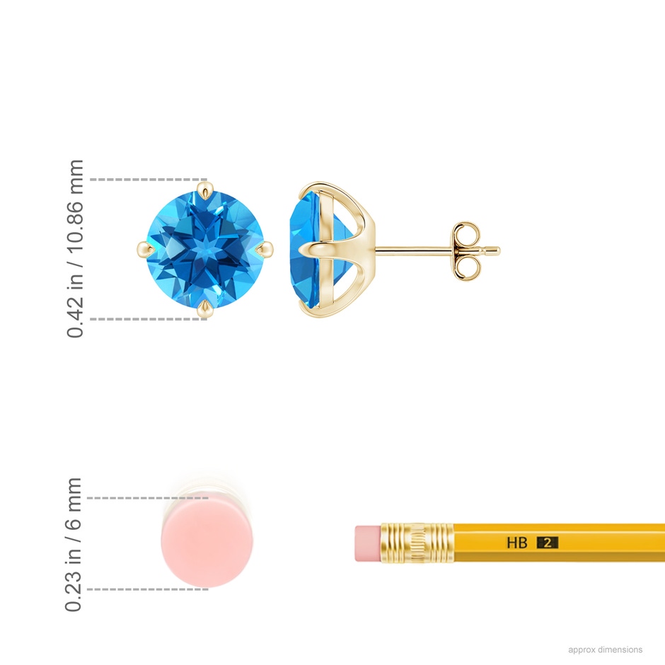 9mm AAAA Claw-Set Round Swiss Blue Topaz Solitaire Stud Earrings in 18K Yellow Gold ruler