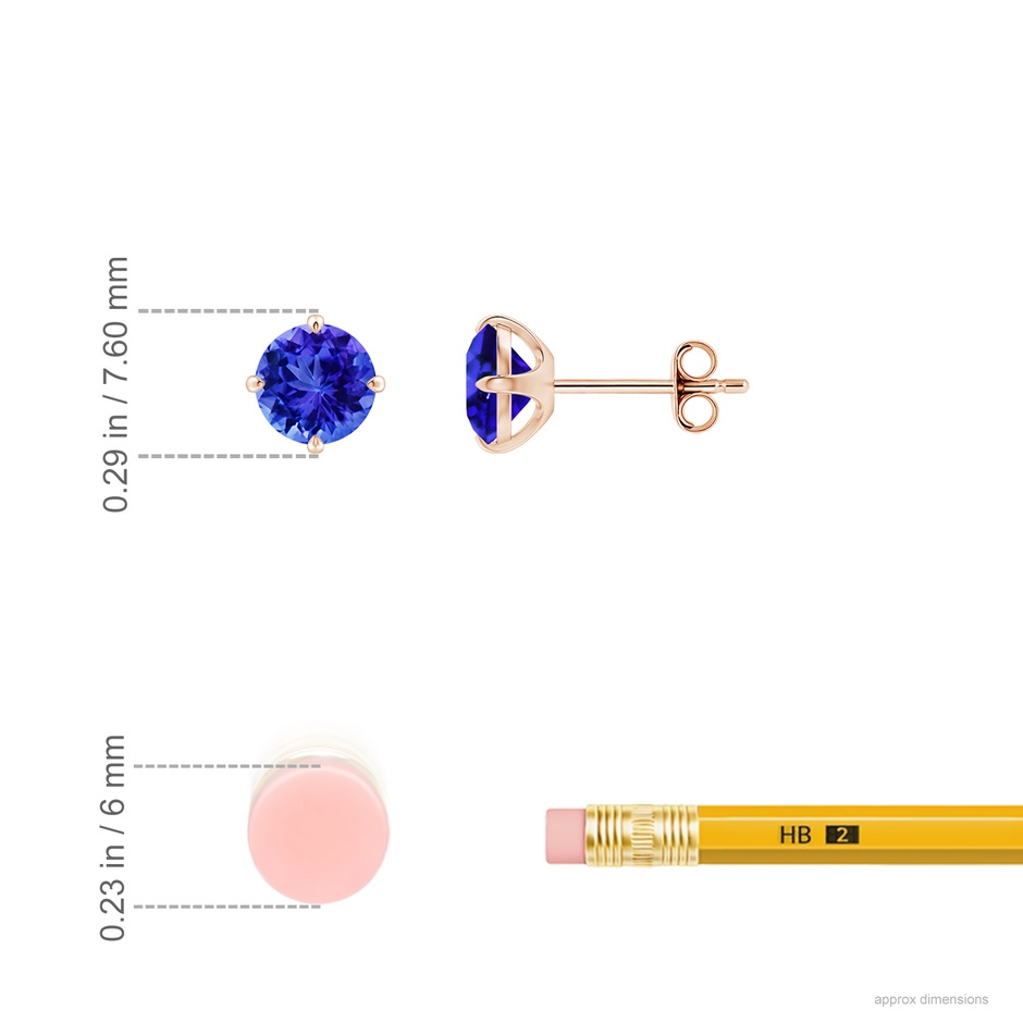 6mm AAA Claw-Set Round Tanzanite Solitaire Stud Earrings in Rose Gold ruler