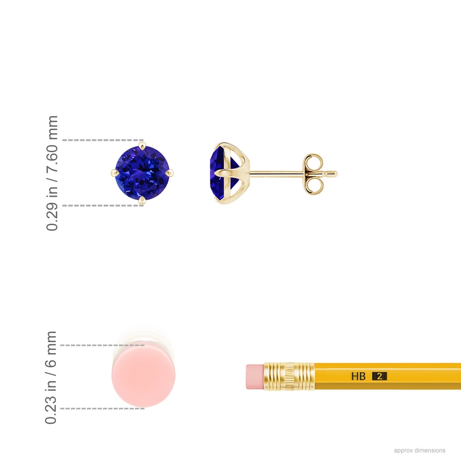 6mm AAAA Claw-Set Round Tanzanite Solitaire Stud Earrings in Yellow Gold ruler