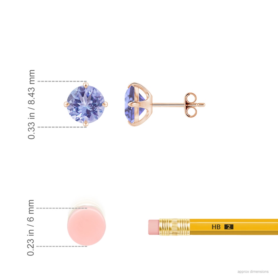 7mm A Claw-Set Round Tanzanite Solitaire Stud Earrings in Rose Gold ruler