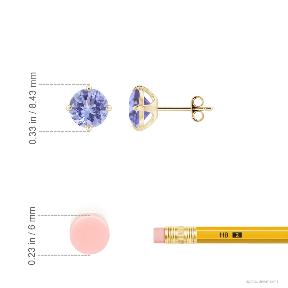 7mm A Claw-Set Round Tanzanite Solitaire Stud Earrings in Yellow Gold ruler