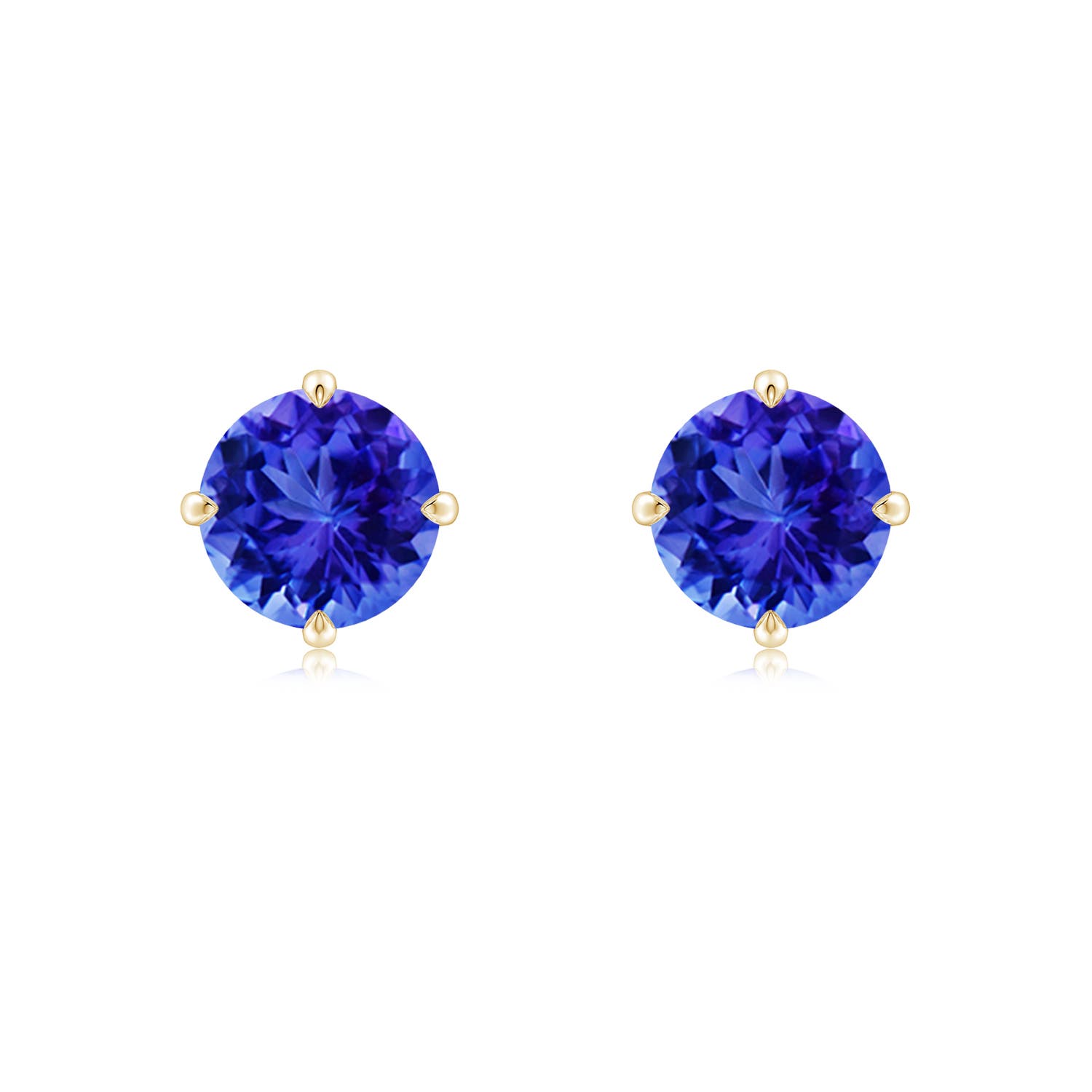 7mm AAA Claw-Set Round Tanzanite Solitaire Stud Earrings in Yellow Gold