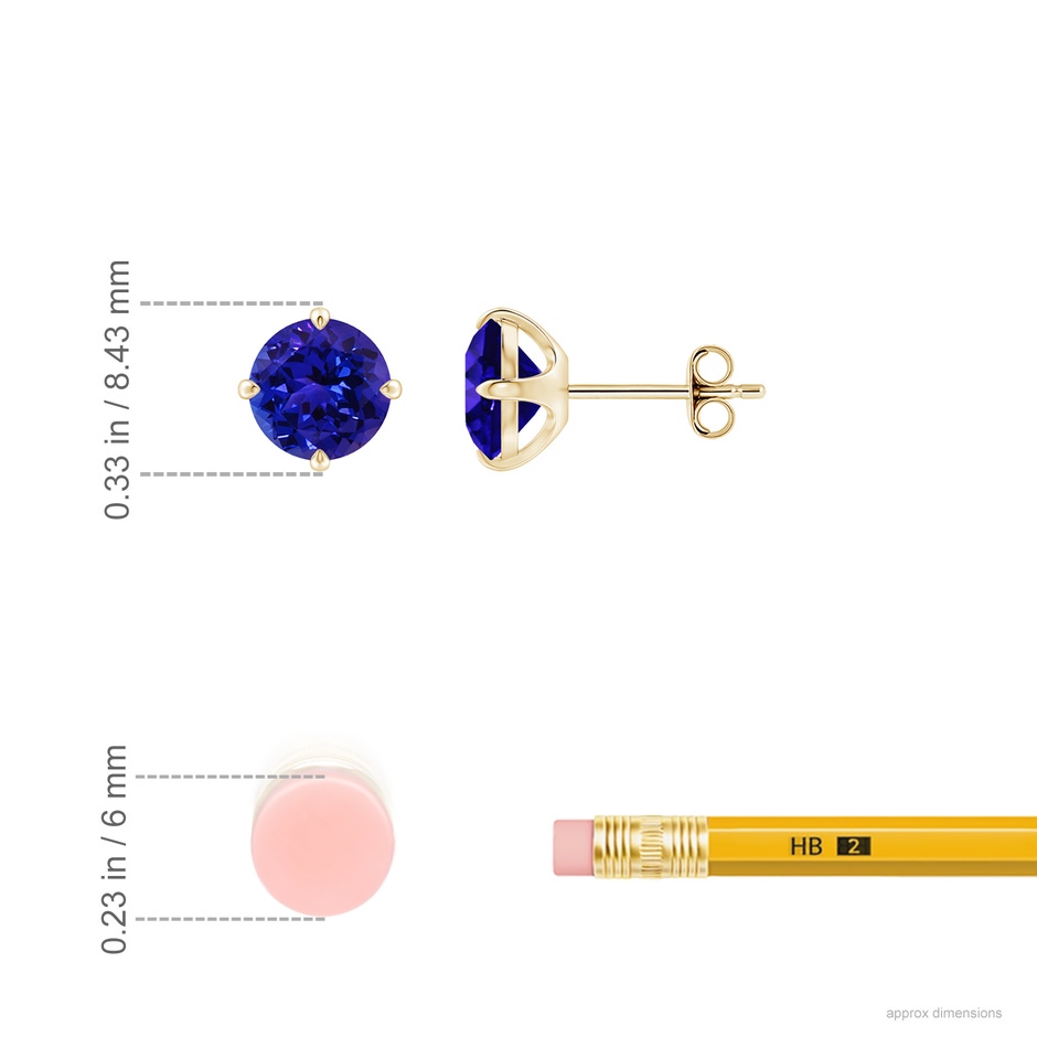 7mm AAAA Claw-Set Round Tanzanite Solitaire Stud Earrings in Yellow Gold ruler