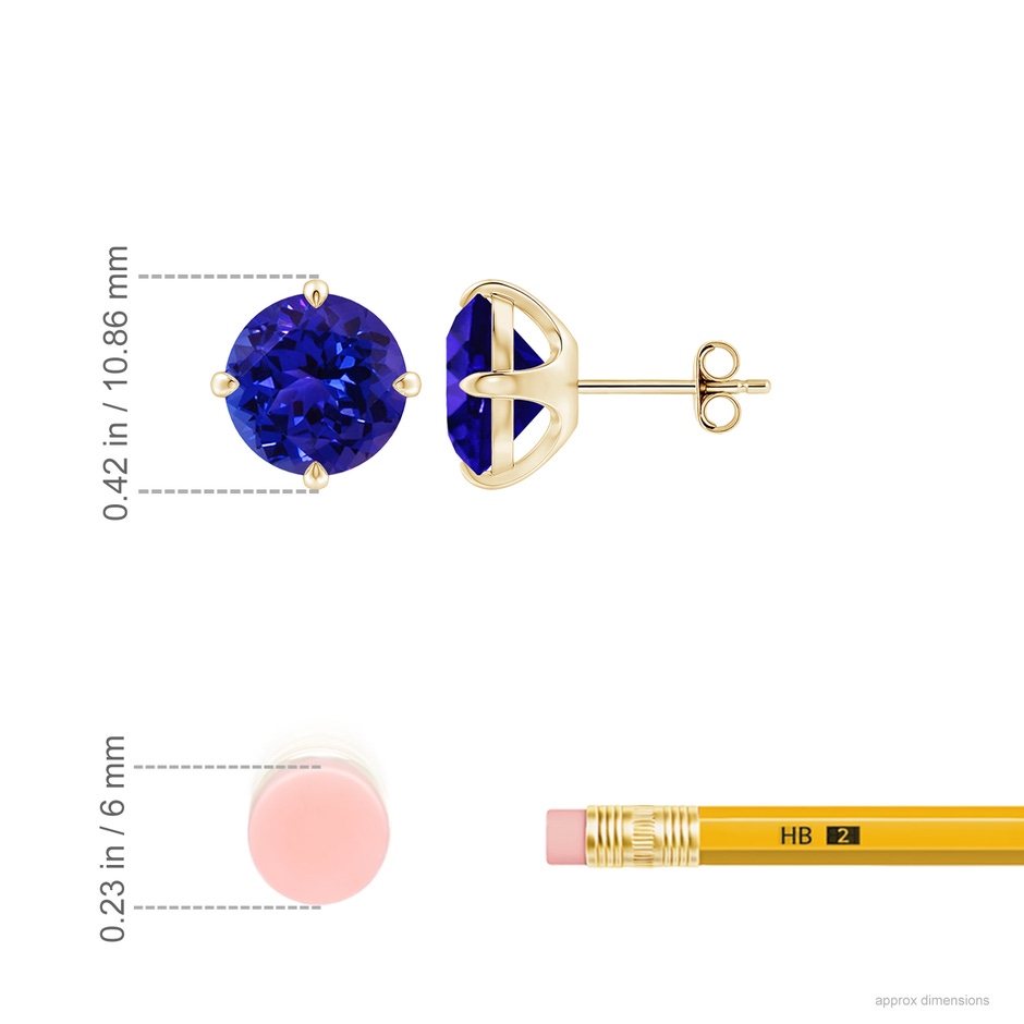 9mm AAAA Claw-Set Round Tanzanite Solitaire Stud Earrings in Yellow Gold ruler