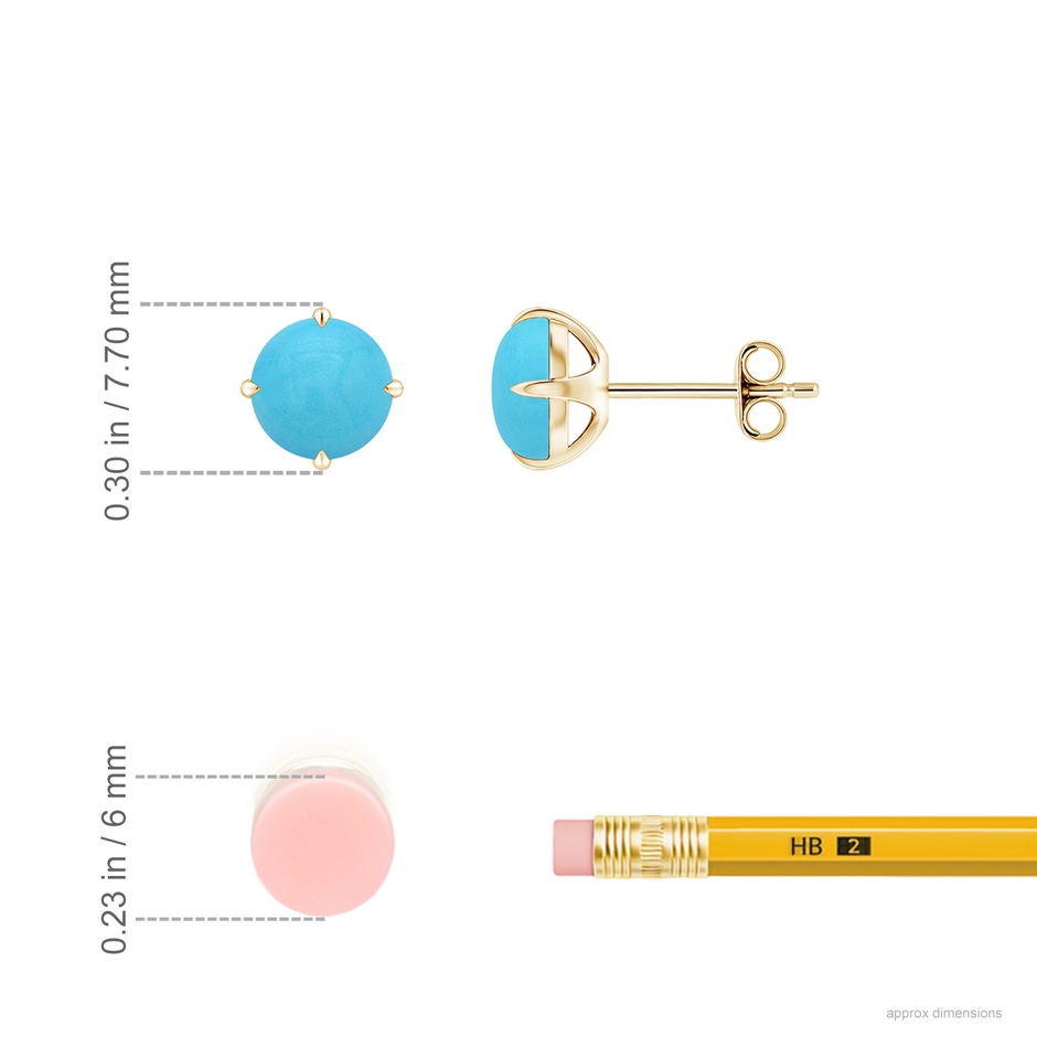 6mm AA Claw-Set Round Turquoise Solitaire Stud Earrings in Yellow Gold ruler