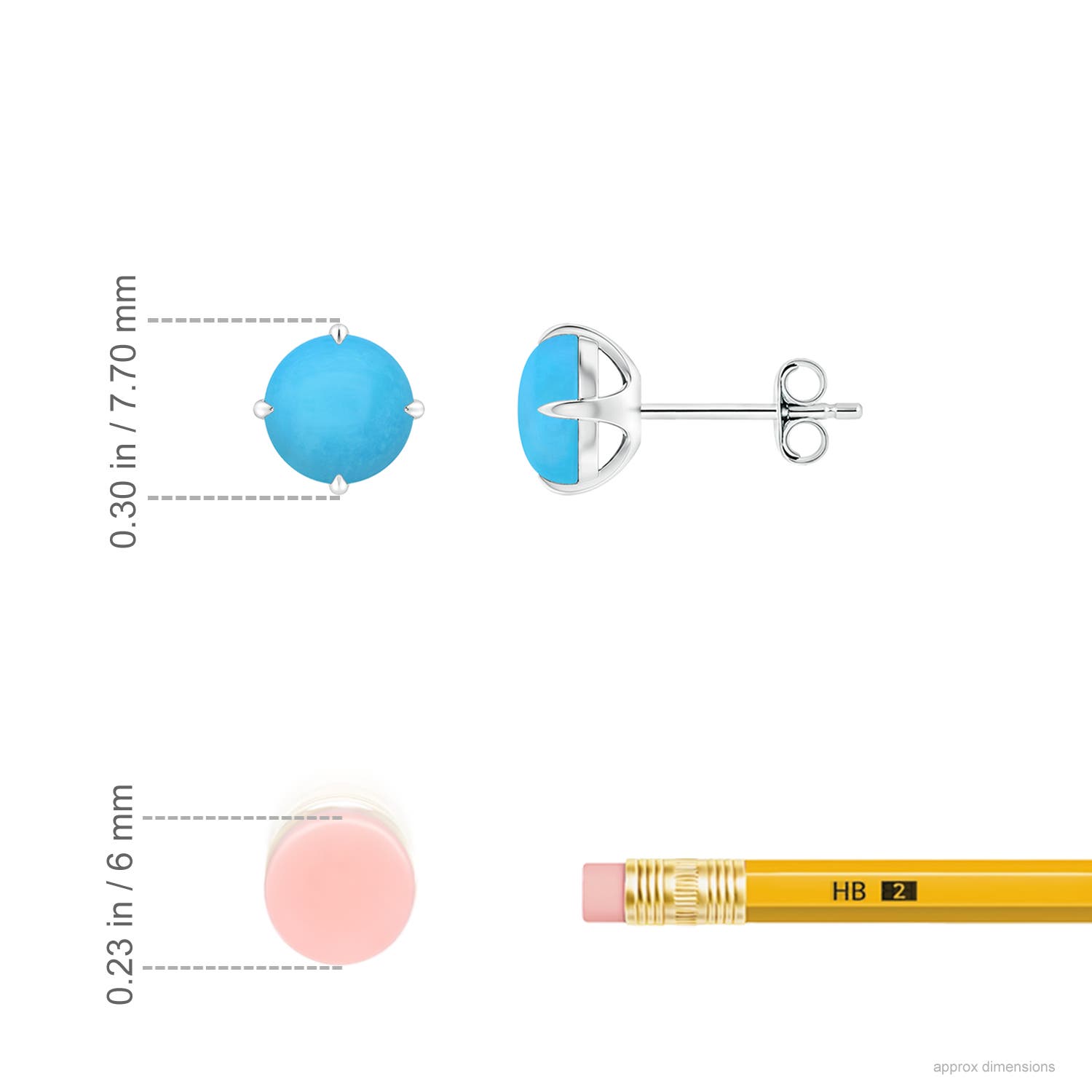 6mm AAA Claw-Set Round Turquoise Solitaire Stud Earrings in 18K White Gold - ruler