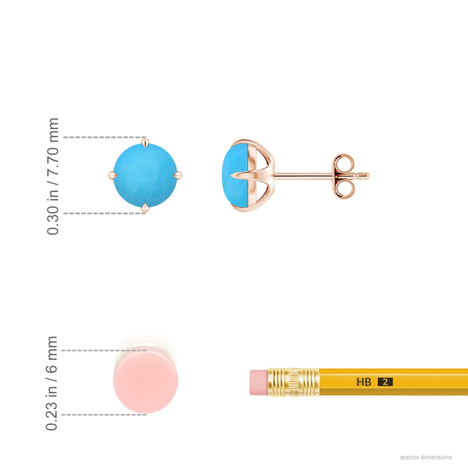 6mm AAA Claw-Set Round Turquoise Solitaire Stud Earrings in Rose Gold ruler