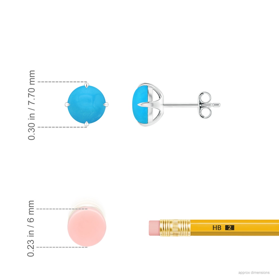 6mm AAAA Claw-Set Round Turquoise Solitaire Stud Earrings in S999 Silver ruler