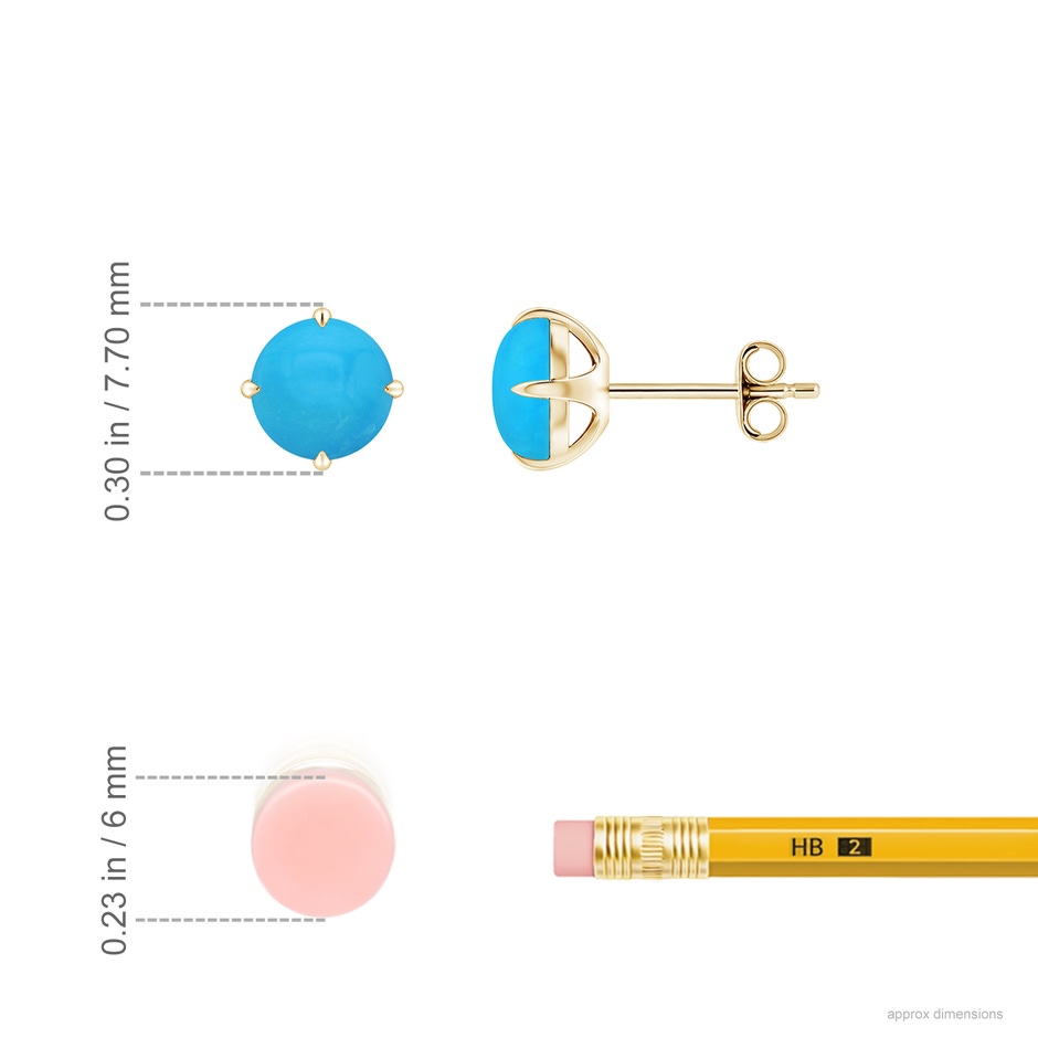 6mm AAAA Claw-Set Round Turquoise Solitaire Stud Earrings in Yellow Gold ruler