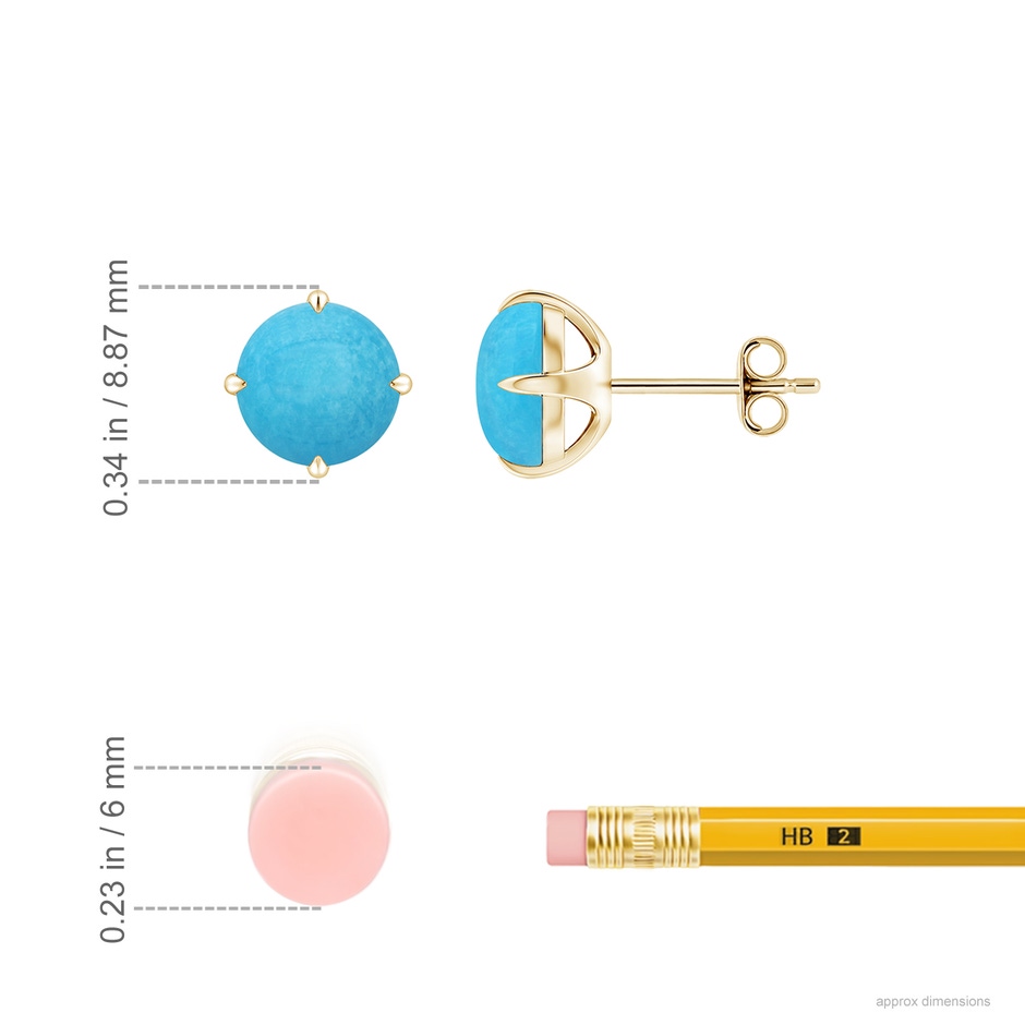 7mm A Claw-Set Round Turquoise Solitaire Stud Earrings in 18K Yellow Gold ruler
