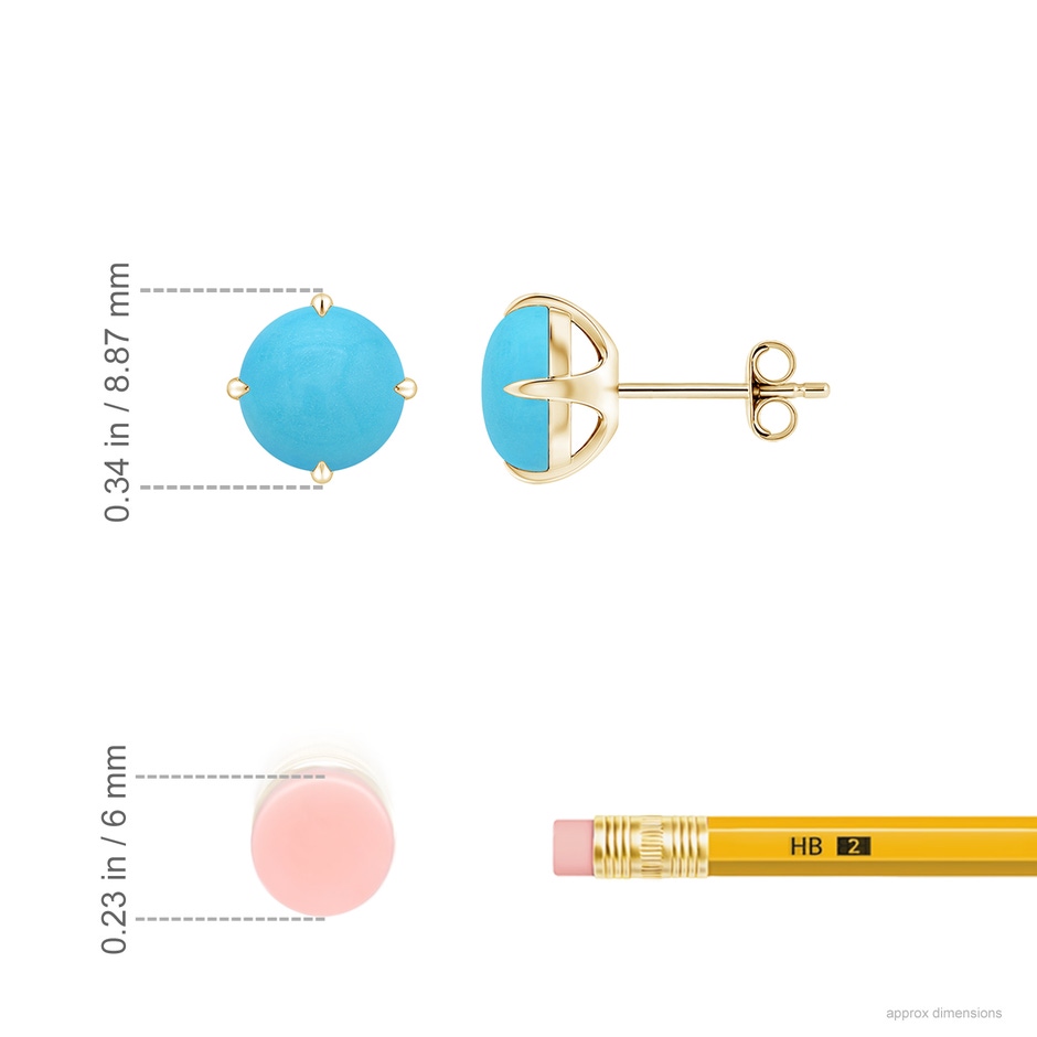 7mm AA Claw-Set Round Turquoise Solitaire Stud Earrings in Yellow Gold ruler