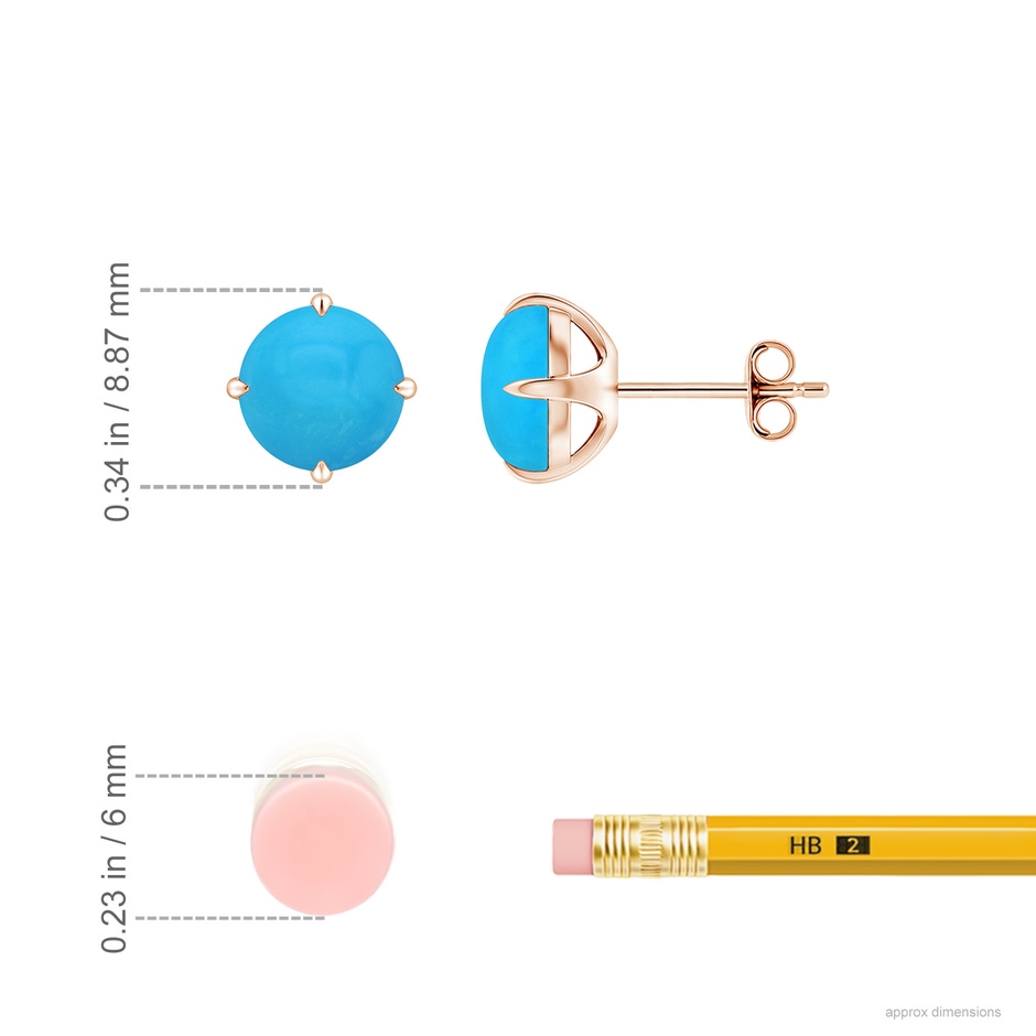 7mm AAAA Claw-Set Round Turquoise Solitaire Stud Earrings in Rose Gold ruler