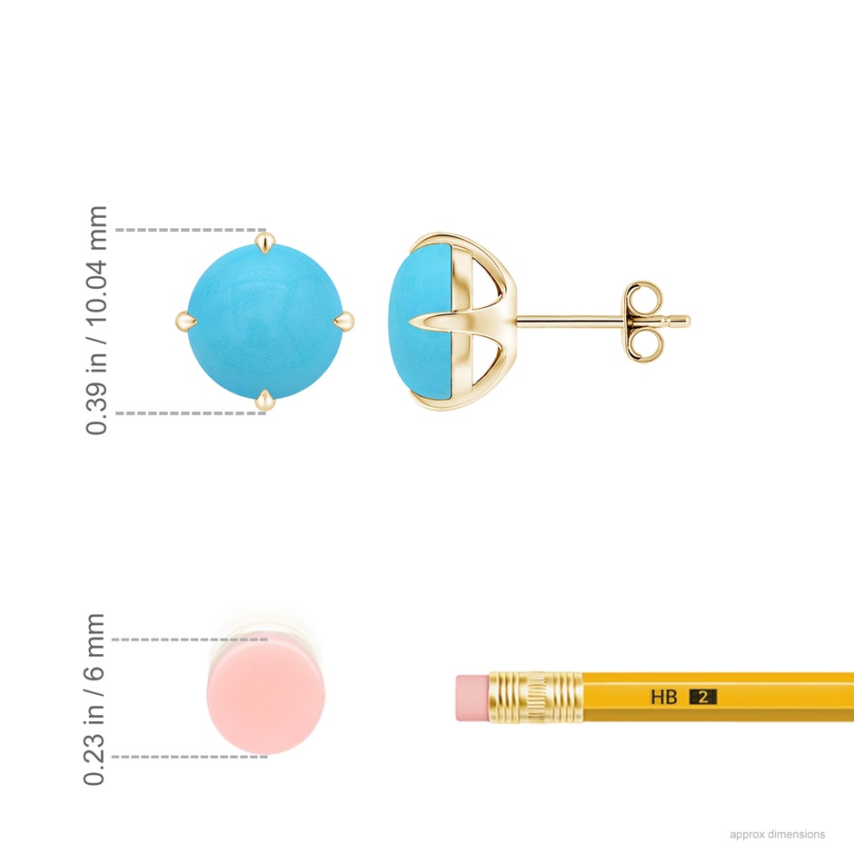 8mm AA Claw-Set Round Turquoise Solitaire Stud Earrings in Yellow Gold ruler