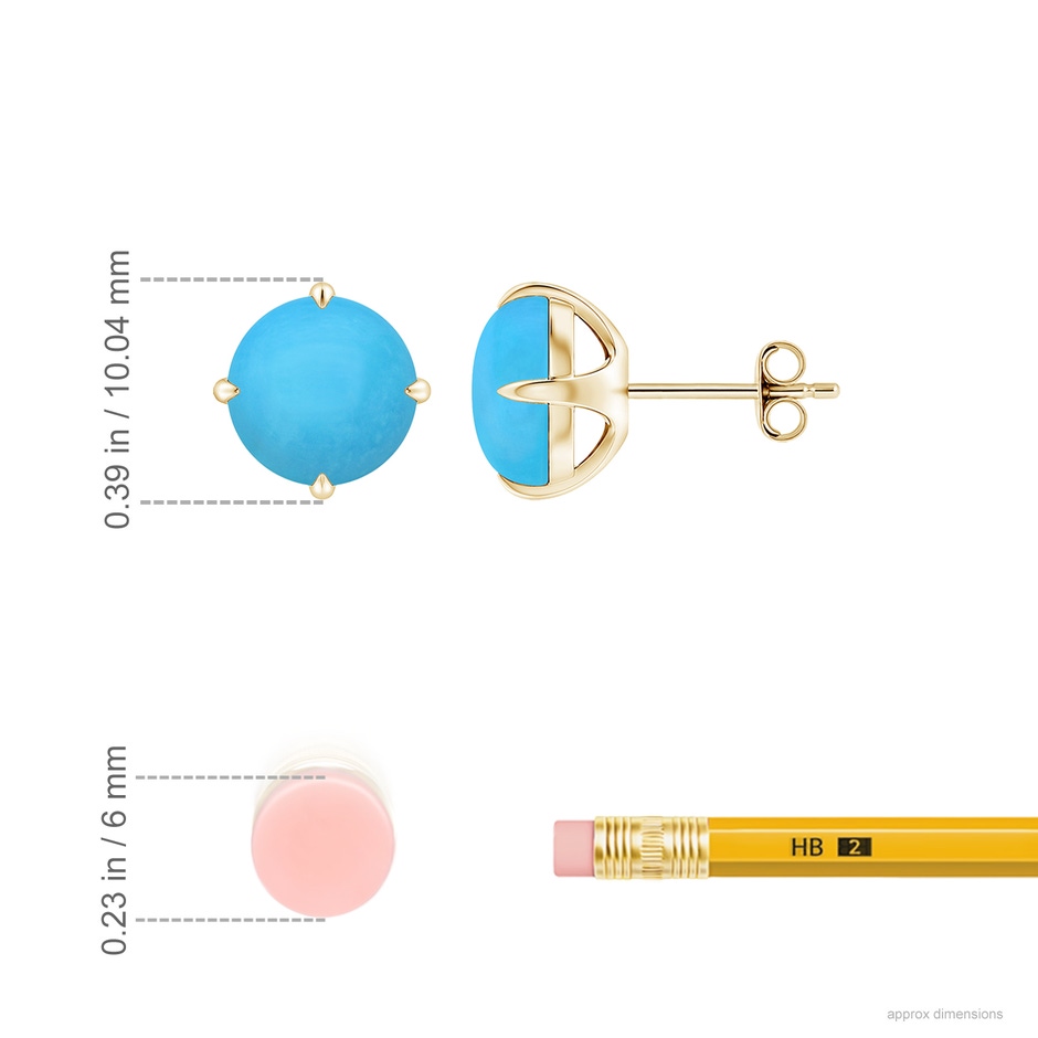8mm AAA Claw-Set Round Turquoise Solitaire Stud Earrings in Yellow Gold ruler