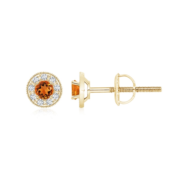 3.5mm AAAA Citrine Margarita Stud Earrings with Diamond Halo  in Yellow Gold