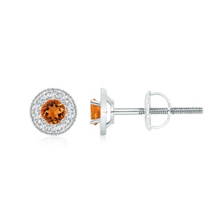 4mm AAAA Citrine Margarita Stud Earrings with Diamond Halo  in P950 Platinum