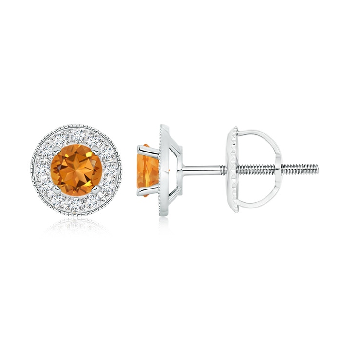 5mm AAA Citrine Margarita Stud Earrings with Diamond Halo  in White Gold