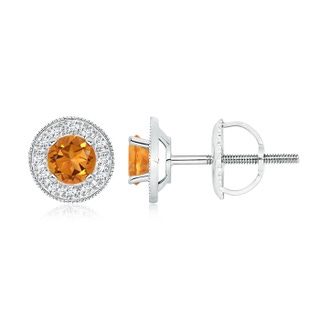 5mm AAA Citrine Margarita Stud Earrings with Diamond Halo  in White Gold