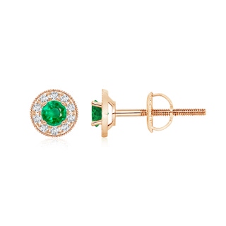 4mm AAA Emerald Margarita Stud Earrings with Diamond Halo  in Rose Gold