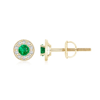 4mm AAA Emerald Margarita Stud Earrings with Diamond Halo  in Yellow Gold