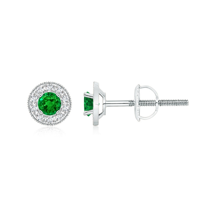 4mm AAAA Emerald Margarita Stud Earrings with Diamond Halo  in P950 Platinum