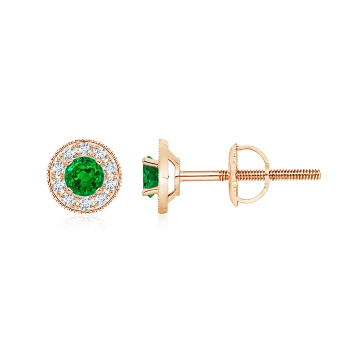 4mm AAAA Emerald Margarita Stud Earrings with Diamond Halo  in Rose Gold