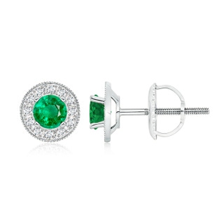 5mm AAA Emerald Margarita Stud Earrings with Diamond Halo  in White Gold