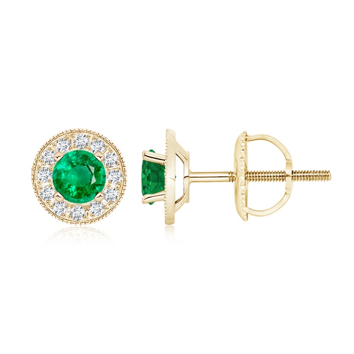 5mm AAA Emerald Margarita Stud Earrings with Diamond Halo  in Yellow Gold