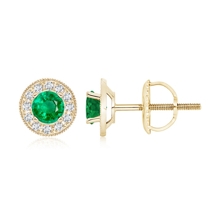 5mm AAA Emerald Margarita Stud Earrings with Diamond Halo  in Yellow Gold 