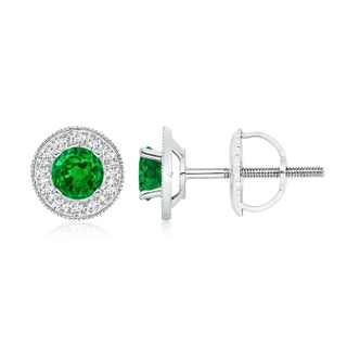 5mm AAAA Emerald Margarita Stud Earrings with Diamond Halo  in White Gold