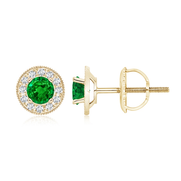 5mm AAAA Emerald Margarita Stud Earrings with Diamond Halo  in Yellow Gold