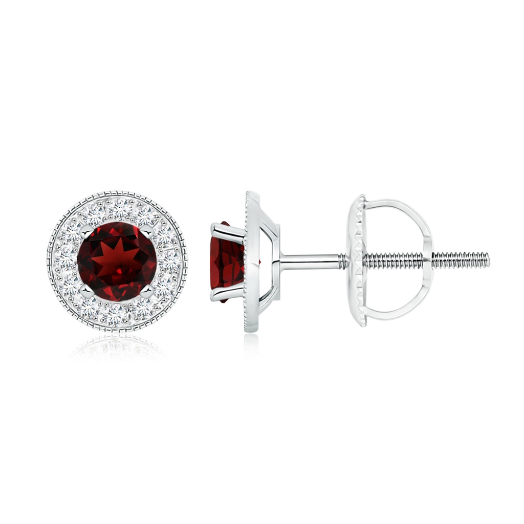 5mm AAA Garnet Margarita Stud Earrings with Diamond Halo  in White Gold