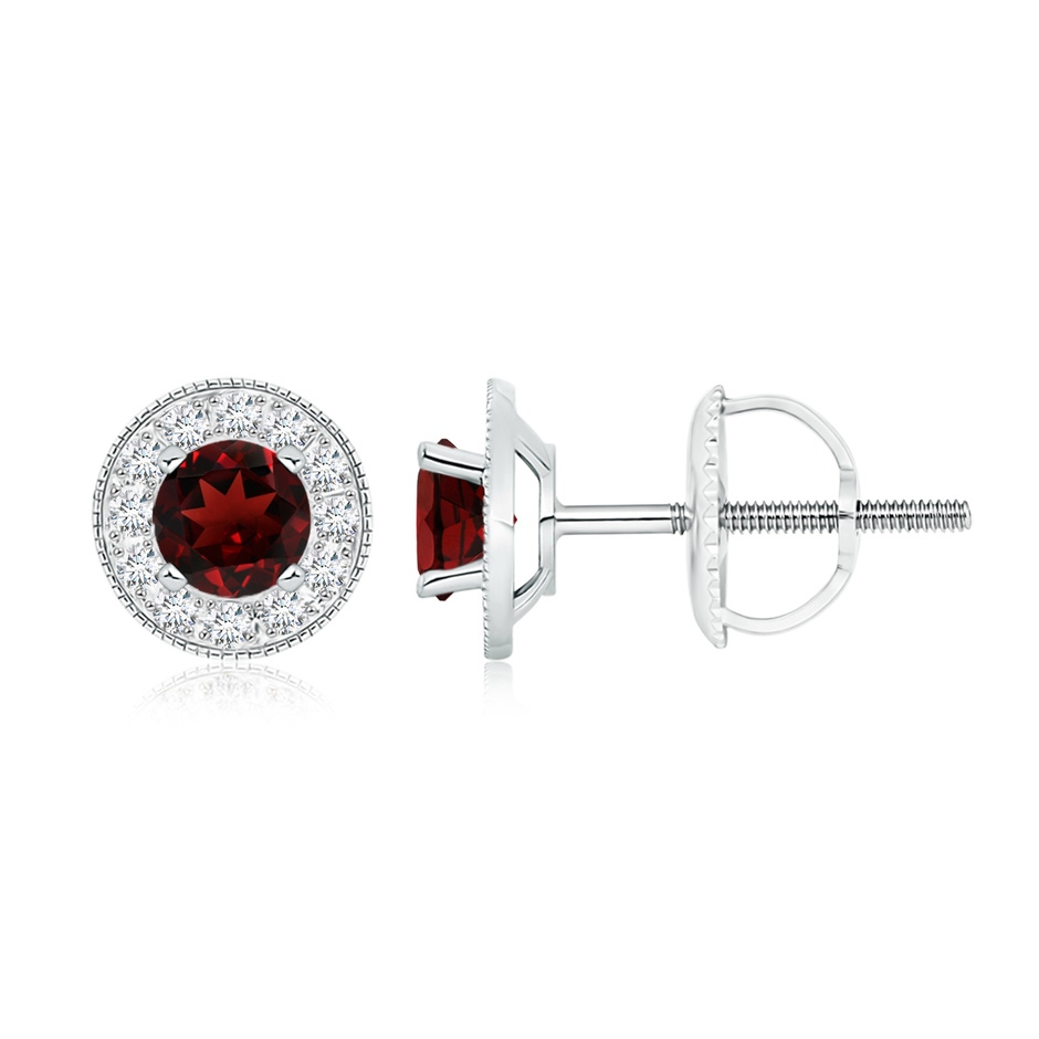 5mm AAA Garnet Margarita Stud Earrings with Diamond Halo  in White Gold 