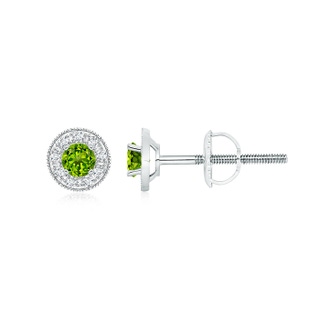 3.5mm AAAA Peridot Margarita Stud Earrings with Diamond Halo  in White Gold