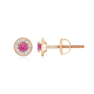 3.5mm AAA Pink Sapphire Margarita Stud Earrings with Diamond Halo  in Rose Gold