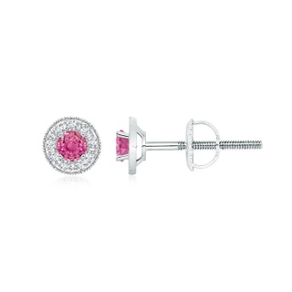 3.5mm AAA Pink Sapphire Margarita Stud Earrings with Diamond Halo  in White Gold