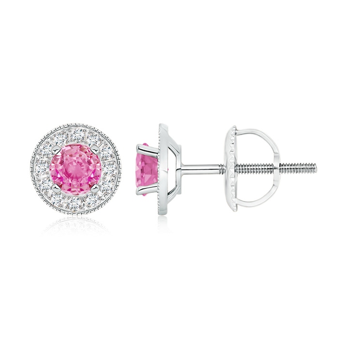 5mm AA Pink Sapphire Margarita Stud Earrings with Diamond Halo  in White Gold